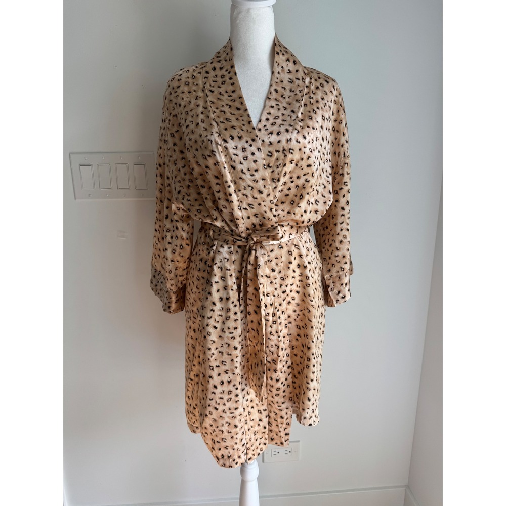 August Silk Intimates Women 100% Silk Leopard Print Wrap Robe Tan Black Small